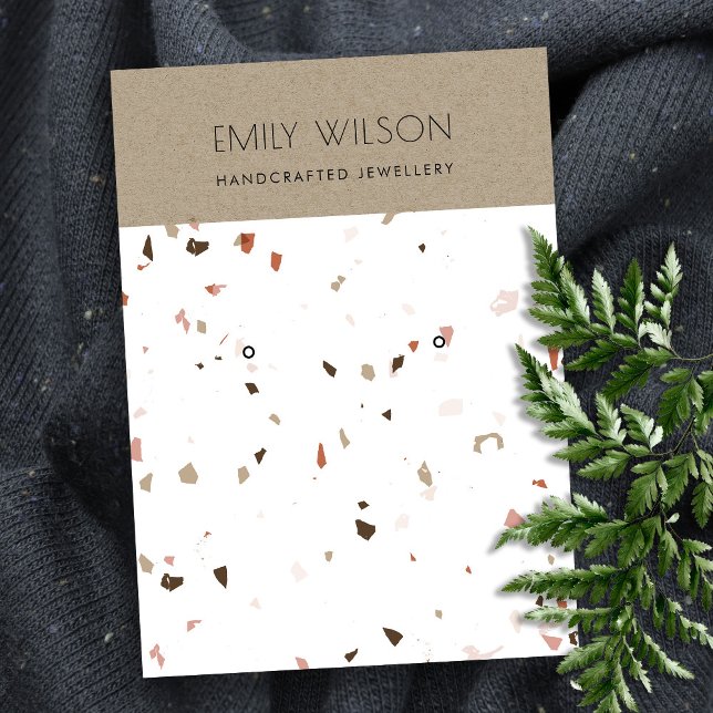 WHITE TERRAZZO TEXTURE KRAFT EARRING DISPLAY LOGO BUSINESS CARD (Creator Uploaded)