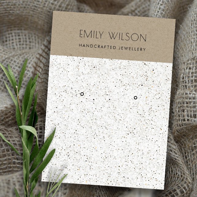 WHITE TERRAZZO TEXTURE KRAFT EARRING DISPLAY LOGO BUSINESS CARD (Creator Uploaded)