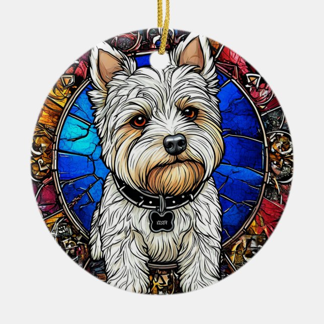 White Terrier Dog Portrait Ceramic Tree Decoration (Front)
