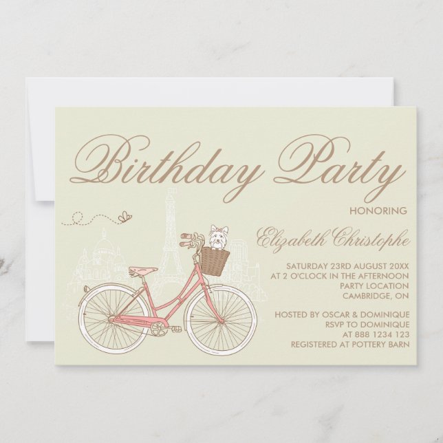 White Terrier on Pink Bicycle Birthday Invitation (Front)