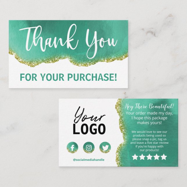 White Text Gold Teal Agate Thank You Purchase Business Card (Front/Back)