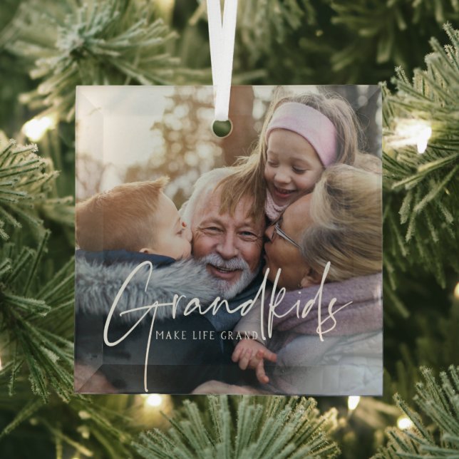 White Text | Grandkids Make Life Grand Photo  Glass Tree Decoration (Insitu)