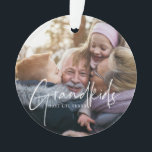 White Text | Grandkids Make Life Grand Photo Ornament<br><div class="desc">"Grandkids make life grand" in white modern calligraphy lettering overlays your own photo. With room on the back for a custom message. Perfect for any grandparent! - mama, grandma, nana, meema, abuelito, grammie, grammy, momma, mimi, nanny, memaw, nanie, yiayia - papa, pépé, grandad, grandpapa, grand-pére, grampa, gramps, grampy, geepa, paw-paw,...</div>
