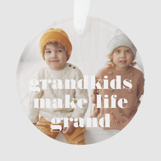 White Text | Grandkids Make Life Grand Photo Ornament (Front)