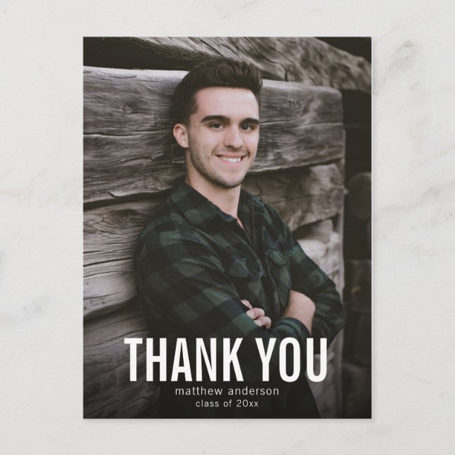 White Text Male Thank You Graduation Postcard (Front)