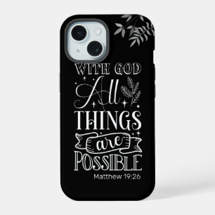 White Text Typography, Matthew 19:26 Scripture iPhone 15 Case