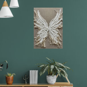 White Textured Angel Wings Sculpture Neutral Linen Poster