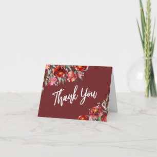 White Thank You Burgundy Red Watercolor Flowers Card