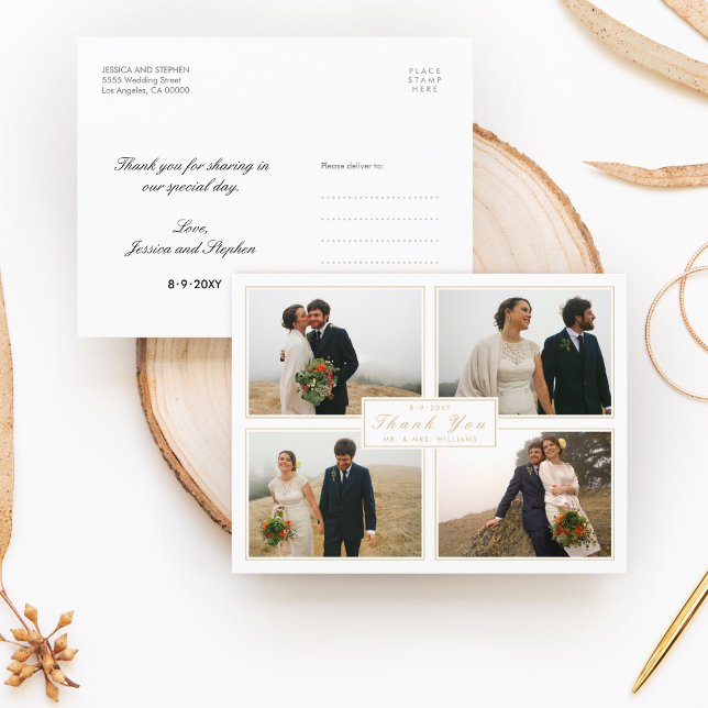 White Thank You Wedding Collage 4 Photo Postcard (Creator Uploaded)