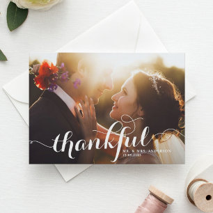 White Thankful Calligraphy Photo Wedding Thank You Postcard