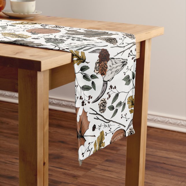 White Thanksgiving Cow Skull Fall Harvest Long Table Runner (In Situ)