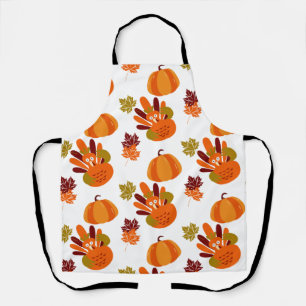 White Thanksgiving Turkey Pumpkin Autumn Leaves Apron