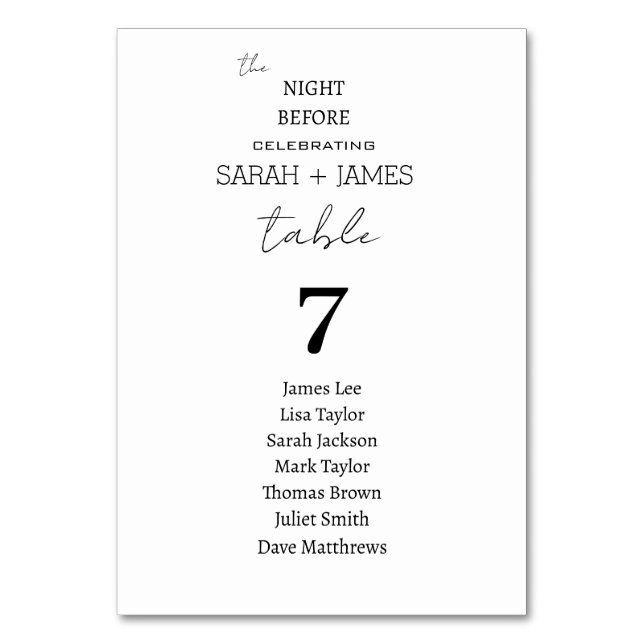 White the Night Before Wedding Seating Chart Table Number (Front)
