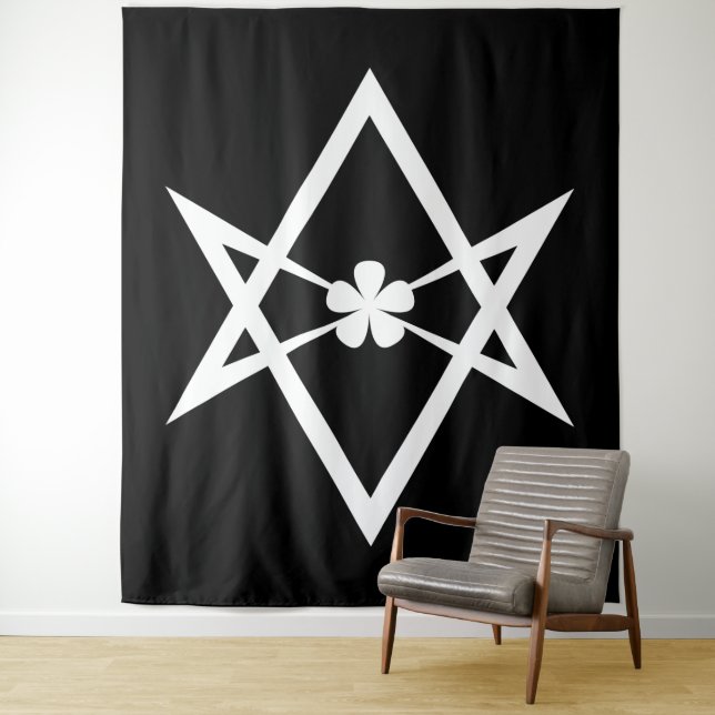 White Thelema Solid Unicursal Hexagram on Black Tapestry (In Situ)