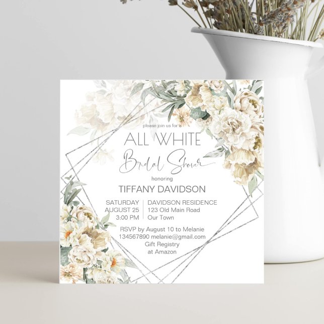White themed bridal shower silver frame floral (White themed bridal shower floral invitation template silver geometrical frame white flowers)