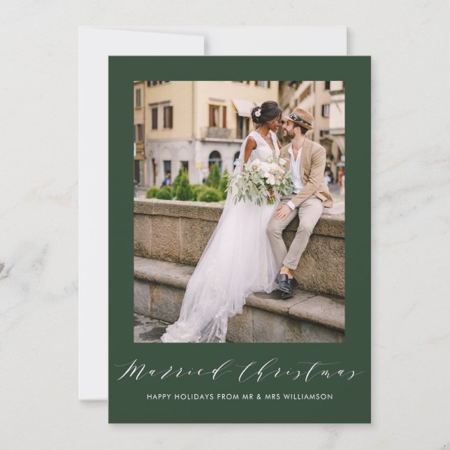 white thin script holiday wedding announcement (Front)