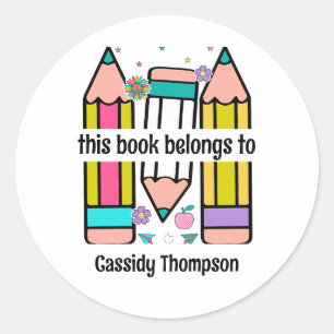 White This book belongs to pencil kids bookplate Classic Round Sticker
