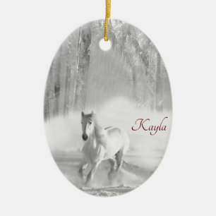 White Thoroughbred Horse Running in Snowy Ceramic Tree Decoration