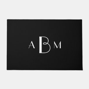 White Three Initial Monogram on Black Doormat