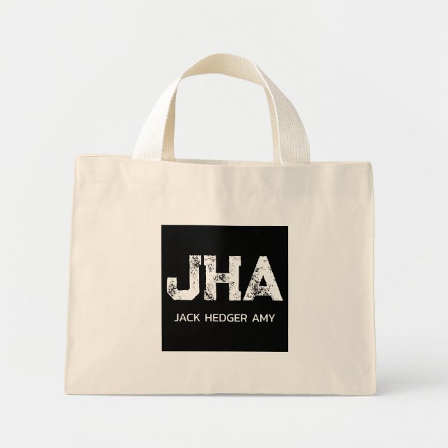 WHITE THREE LETTER MONOGRAM NAME BLACK NATURAL MINI TOTE BAG (Front)