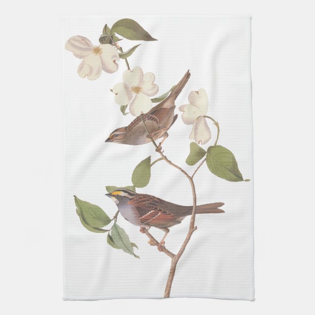 White Throated Sparrow Audubon Birds with Flowers Tea Towel (Vertical)
