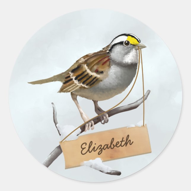 White Throated Sparrow Customise Name Classic Round Sticker (Front)