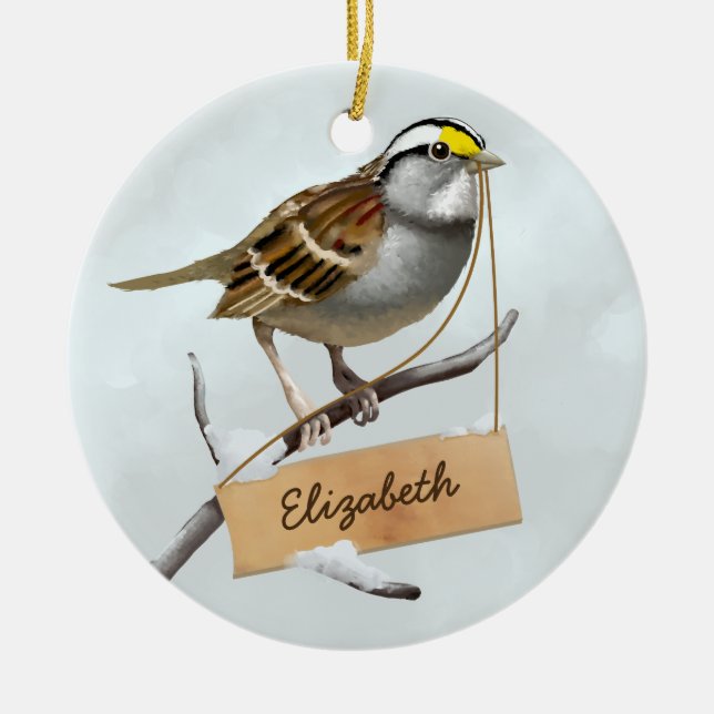White throated sparrow Customize Name Ceramic Tree Decoration (Front)