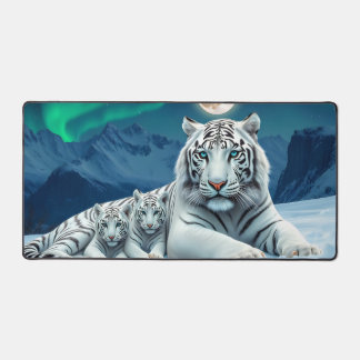 White Tiger And Baby Cubs In The Snow Desk Mat
