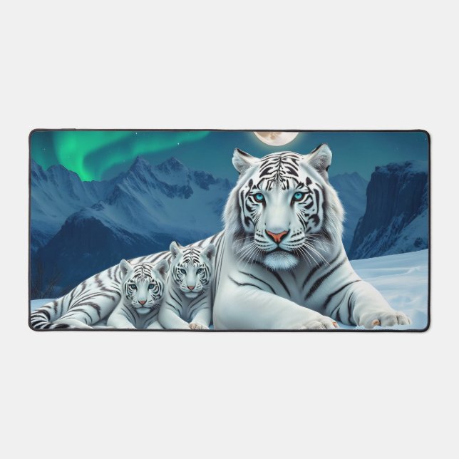 White Tiger And Baby Cubs In The Snow  Desk Mat (Front)