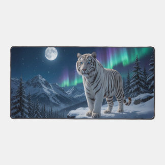 White Tiger At Night Full Moon, Northern Lights Desk Mat
