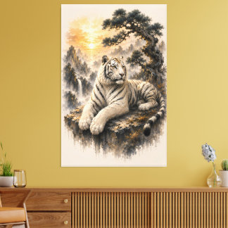 White Tiger Beneath Ancient Pine | Chinese Ink Was Canvas Print