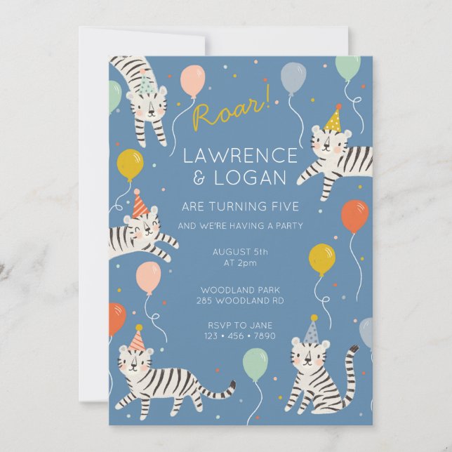 White Tiger Birthday Party Two Names Invitation (Front)