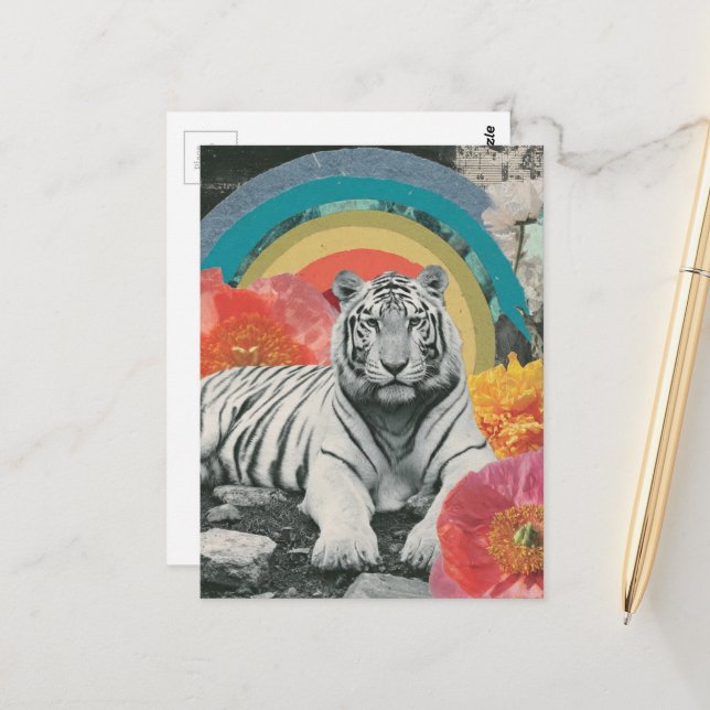 White Tiger Collage with Rainbow and Flowers Postcard (Front/Back In Situ)