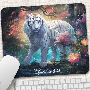 White Tiger Fantasy Floral Name Design Mouse Mat