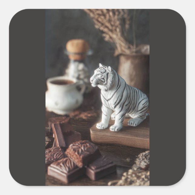 White Tiger Figurine – Rustic Chocolate & Coffee  Square Sticker (Front)