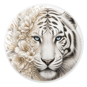 White Tiger Floral Art with Blue Eyes Ceramic Knob