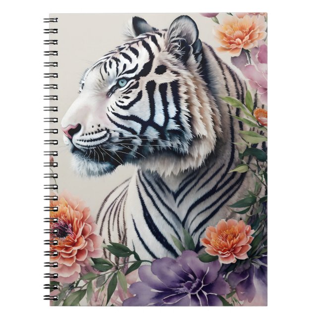White Tiger Floral Portrait Art Notebook (Front)