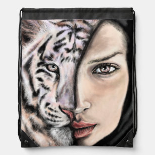 White Tiger Girl Drawstring Bag