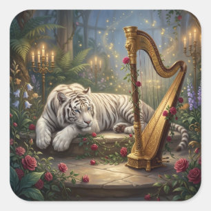White Tiger & Golden Harp – Moonlit Conservatory Square Sticker