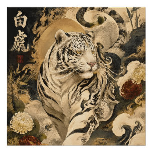 White Tiger Guardian Art Japanese Mythology Poster