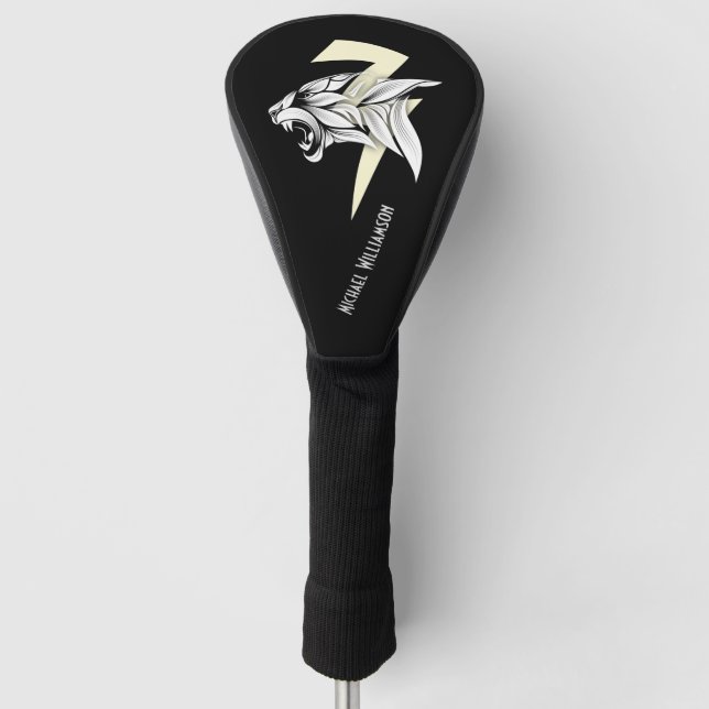 White Tiger Head And Thunderbolt Black Background Golf Head Cover (Front)