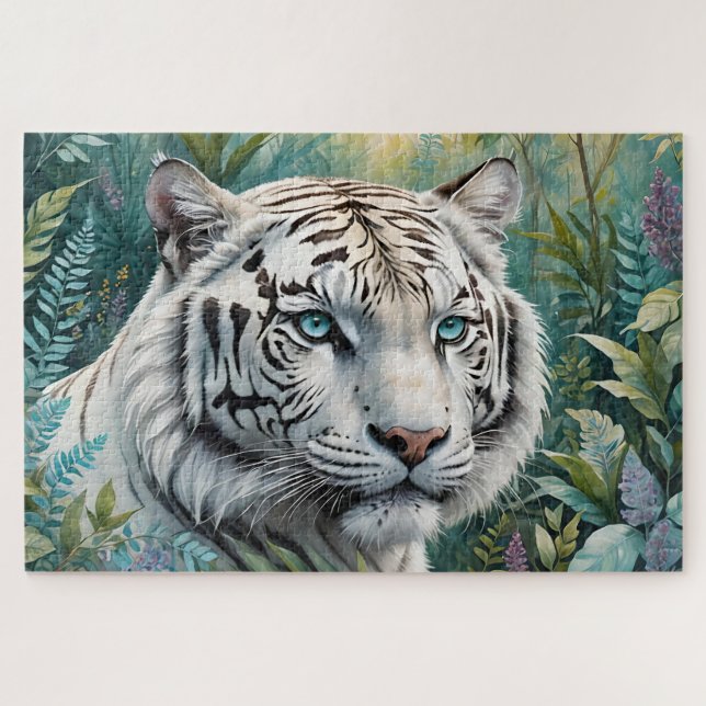 White Tiger in a Blue Green Jungle Jigsaw Puzzle (Horizontal)