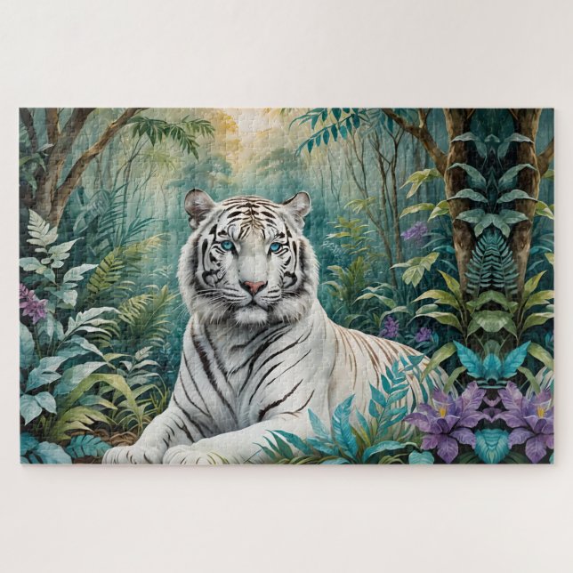 White Tiger in a Blue Green Jungle Jigsaw Puzzle (Horizontal)