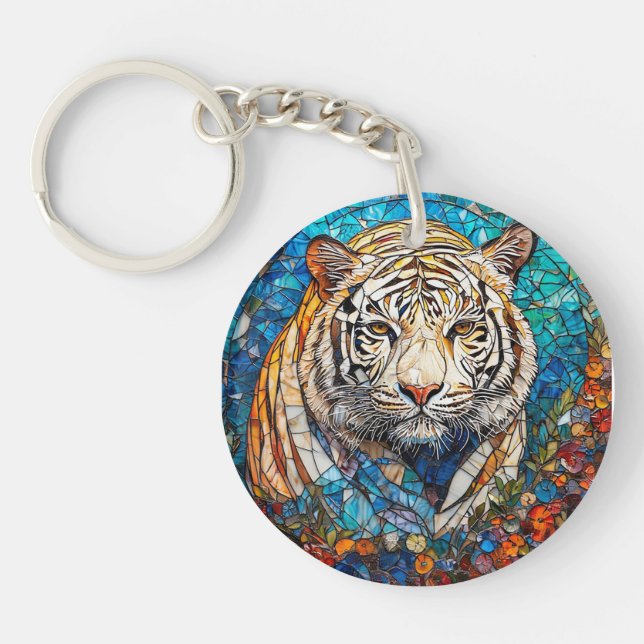 White Tiger in a Vibrant Circular Design Key Ring (Front)