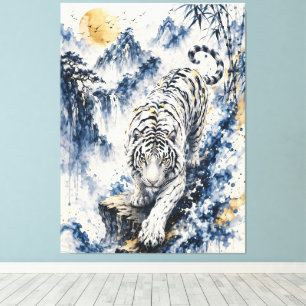 White Tiger in Blue Ink Wash Landscape – Elegant C Canvas Print