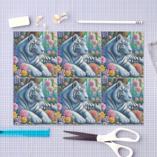 White Tiger in Forest w/Flowers Decoupage Tissue Paper (Craft)