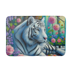 White Tiger in Forest w/Flowers Teal Pink Colourfu Bath Mat