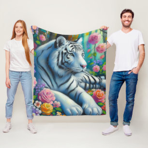 White Tiger in Forest w/Flowers Teal Pink Colourfu Fleece Blanket