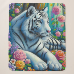 White Tiger in Forest w/Flowers Teal Pink Colourfu Sherpa Blanket