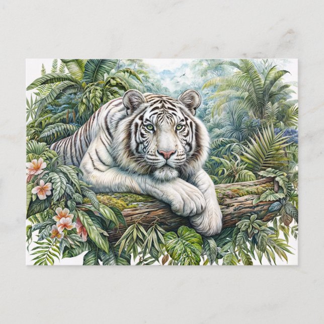 White Tiger In Jungle Watercolor Art Postcard (Front)